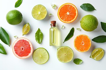 Flat lay of fresh fruits and bergamot oil on white background