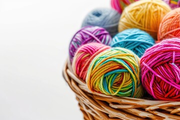 Multicolored yarn in basket on white backdrop Crafting and pastime Do it yourself idea