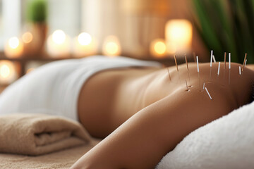 Acupuncture sessions with close-ups of the process on the body. - obrazy, fototapety, plakaty