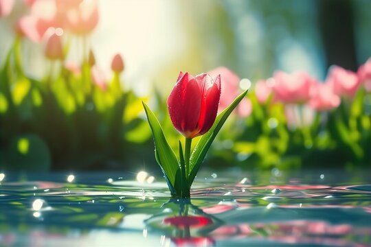 水に濡れるカラフルな春のチューリップ写真（春爛漫・幻想的・色鮮やか・花言葉）