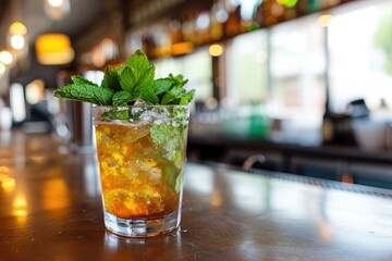 Modern bar serves mint julep cocktail