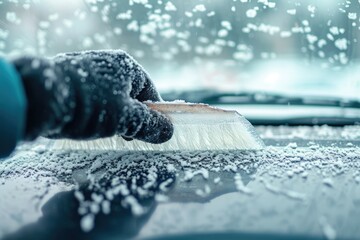Snow and ice removal from car windshield during winter season Copy space available for your text Panoramic banner - obrazy, fototapety, plakaty