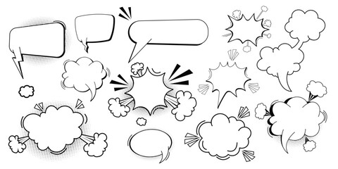 Fototapeta premium Set pow bubble speech comic expression frame cartoon doodle isolated on white background. Boom explode effect, halftone decoration,