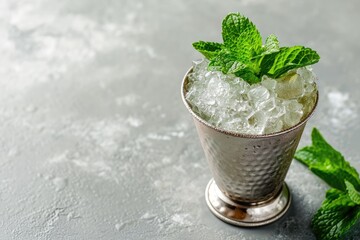 Classic mint julep cocktail on a light gray table Up close shallow depth of field - obrazy, fototapety, plakaty