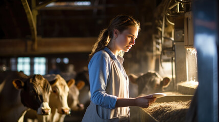 Fototapeta na wymiar Cow farm worker checks milk quality indicators and the condition of cows on the farm. Milk quality control. Modern farm life. Industrial cow husbandry. Organic food. High quality photo