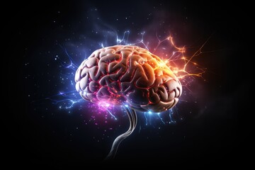 Fototapeta premium Energy thunderbolts brain light. Glucose transporters, cerebrovascular metabolism, aging on brain energy dynamics. Brain energy and sleep, exercise, nutrition reserve depletion and crises in diseases.