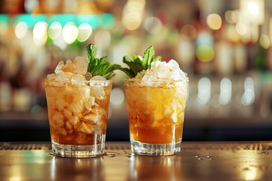 Two mint julep cocktails on bar counter horizontal angle