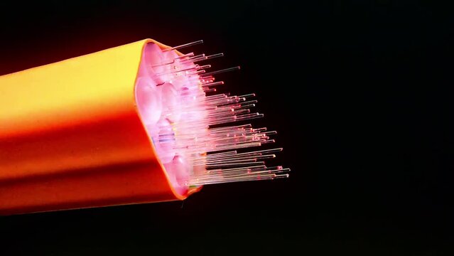 leuchtendes Hochgeschwindigkeits Internet-Glasfaserkabel f&uuml;r den Breitbandausbau, FTTH Ausbau, Breitband-Internet, Highspeed- orange, Daten&uuml;bertragung, GBit/s, Mbit/s, Download, Upload, Streaming