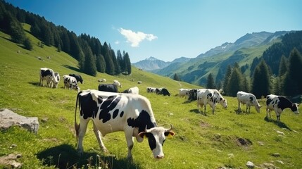Fototapeta na wymiar A herd of well-groomed, beautiful, healthy cows graze on a green meadow in the mountains. Modern farm life. Ecologically clean products. Dairy industry. High quality photo