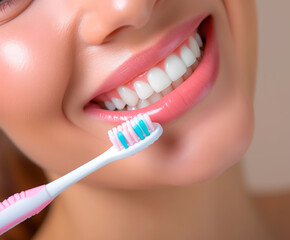 Close-up of smiling woman brushing teeth, dental care concept.
