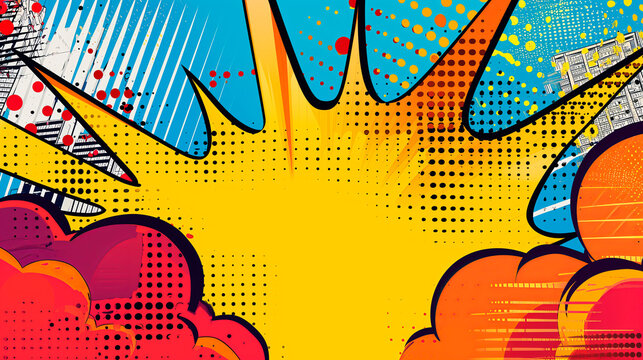 Colorful pop art comic background with explosive bubbles and dots.
