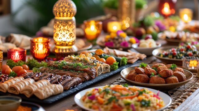 Warm and inviting dining scene, showcasing a festive iftar gathering at home with copy space