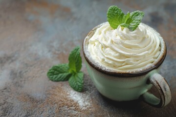 Peppermint leafs in cup of ceramic with whipped cream
