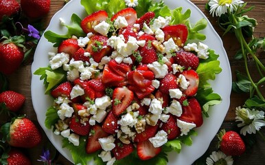 strawberries and feta are topped with green salad