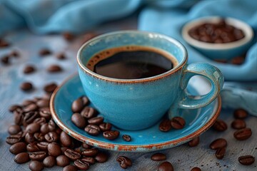 Morning coffee in a blue cup with a side of coffee beans on the table