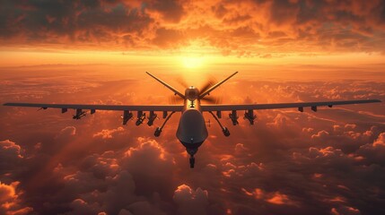 Unmanned Aerial Vehicle UAV Soaring in a  Sky  Military Drone Surveillance Mission - obrazy, fototapety, plakaty