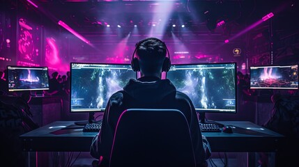 Pro Gamer in Neon-Lit Gaming Battlestation - Ready for Victory