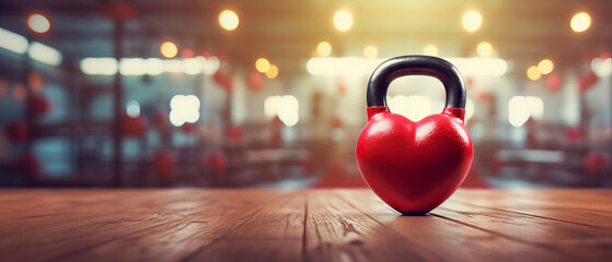 Kettlebell in the shape of a heart on wooden table against gym background banner for Valentine's...