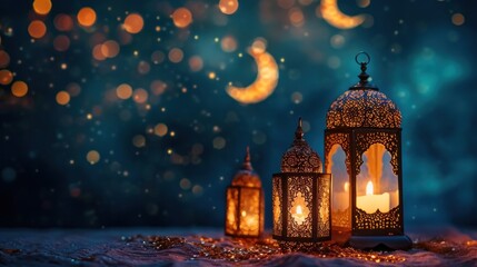 Obraz premium Ramadan ambiance with glowing lanterns, crescent moons, and starry brilliance with copy space