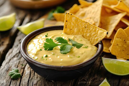 Yellow homemade queso dip with tortilla chips served with lime