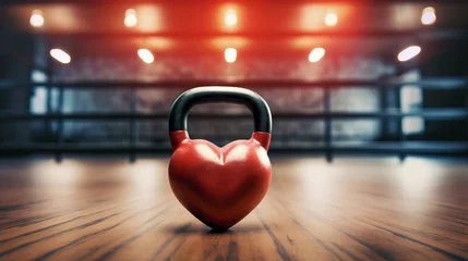 Acrylic prints Fitness a heart shaped kettlebell on gym background for Valentine's Day, birthday, anniversary, wedding, Healthy fitness flat lay composition, gym workout concept, copy space