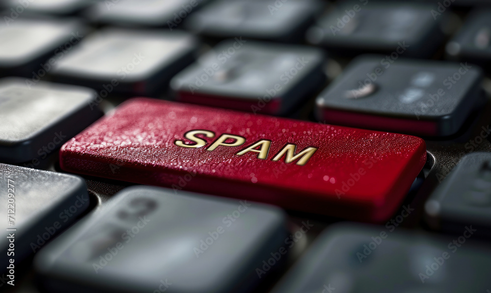 Poster red spam alert button on a keyboard illustrating cybersecurity threats and email filtering concepts 