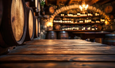 Warm ambient wine cellar with vintage wooden barrels stacked, a classic winemaking tradition, and a rustic wooden tabletop for product display - obrazy, fototapety, plakaty