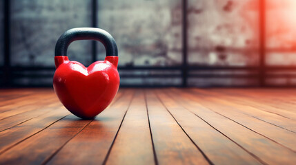 Heart shaped kettlebell on gym background for Valentine's Day, birthday, anniversary, wedding, Healthy fitness, gym workout concept, copy space