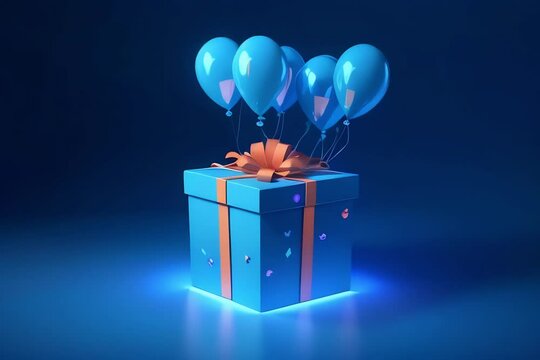 Glowing blue gift box with airy blue balloons isolated on a blue background. Abstract holidays gift, gender party, futuristic modern neon line design