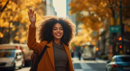 Keuken foto achterwand New York taxi Generative AI image of a joyful businesswoman hailing a taxi in NYC
