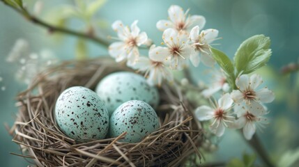 Tranquil scenes of nests, feathers, and delicate blossoms evoke Easter tranquility
