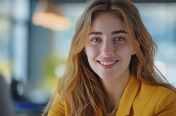 young businesswoman in yellow smiling in the office