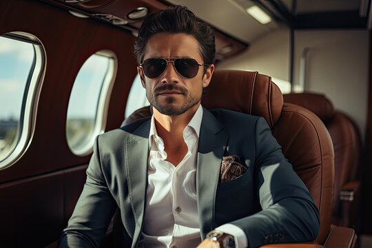 Businessman flying on his private jet. concept of a successful businessman. Travel and businessman trip