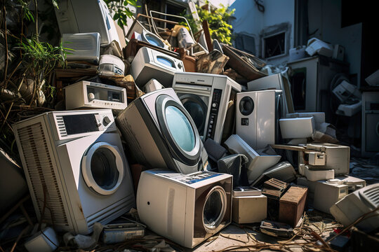 Generative AI image of a pile of discarded electronic devices, including monitors, washing machines, and computers, cluttered in an outdoor setting, symbolizing electronic waste and recycling