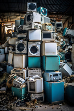 Generative AI image of a towering stack of old electronic appliances inside a warehouse, including televisions, washing machines, and printers, representing the challenges of e-waste management