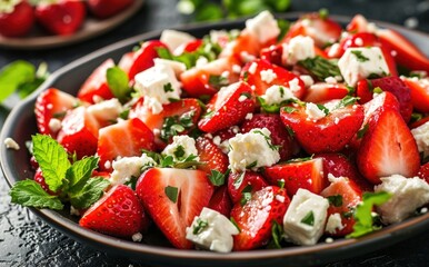strawberries and feta are topped with green salad
