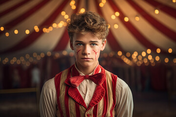Fototapeta premium Circus performer clown magician showman in retro costume miracle time Generative AI