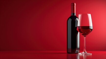 red wine bottle and glass of red wine on a red background - Powered by Adobe
