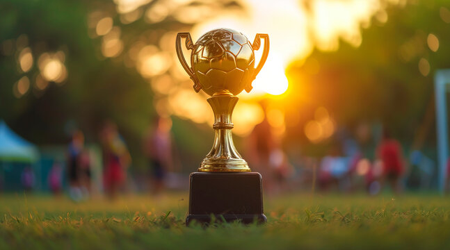 photograph of a champion trophy, children playing background. Space for text. at sunset