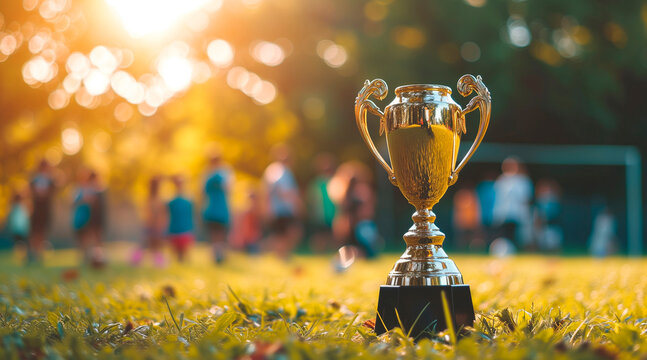 photograph of a champion trophy, children playing background. Space for text. at sunset