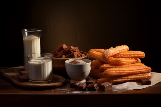 Traditional churros with chocolate and milk on a dark background Generative AI image