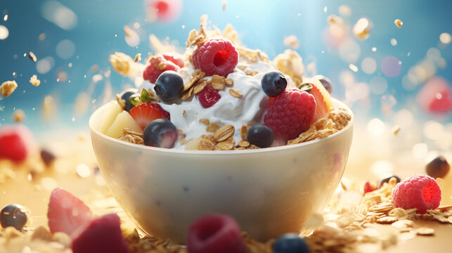 Fresh fruit and yogurt parfait with oat granola Generative AI image