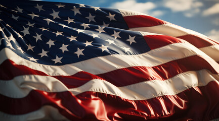 Generative AI illustration of waving national flag of United States of America hanging against blue sky with clouds in sunlight on 4th of July