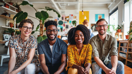 Smiling multiethnic business team in creative office. Generative AI image