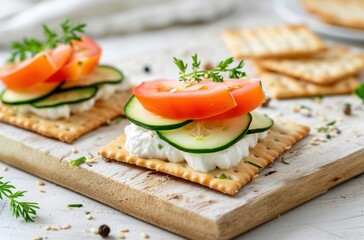 two crackers with vegetables and cucumbers on a board