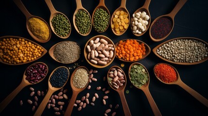 Top view of multicolored legumes in wooden spoons on a black background. Ingredients for vegetarian dishes: various varieties of beans, lentils, peas, chickpeas, quinoa. Healthy eating concepts. - obrazy, fototapety, plakaty