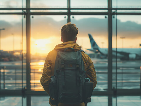 Man With A Backpack And Winter Jacket Seen From Behind, Waiting In An Airport Boarding Gate