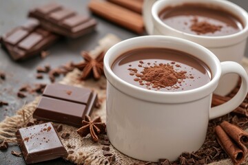 White cup contains hot chocolate drinks and chocolate pieces