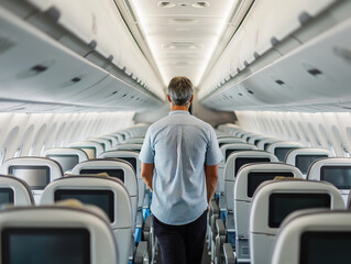 middle aged Man walking down the airplane aisle, seen from behind, empty plane	