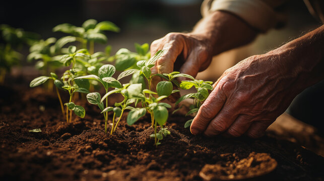 Generative AI image of hands nurturing young plants